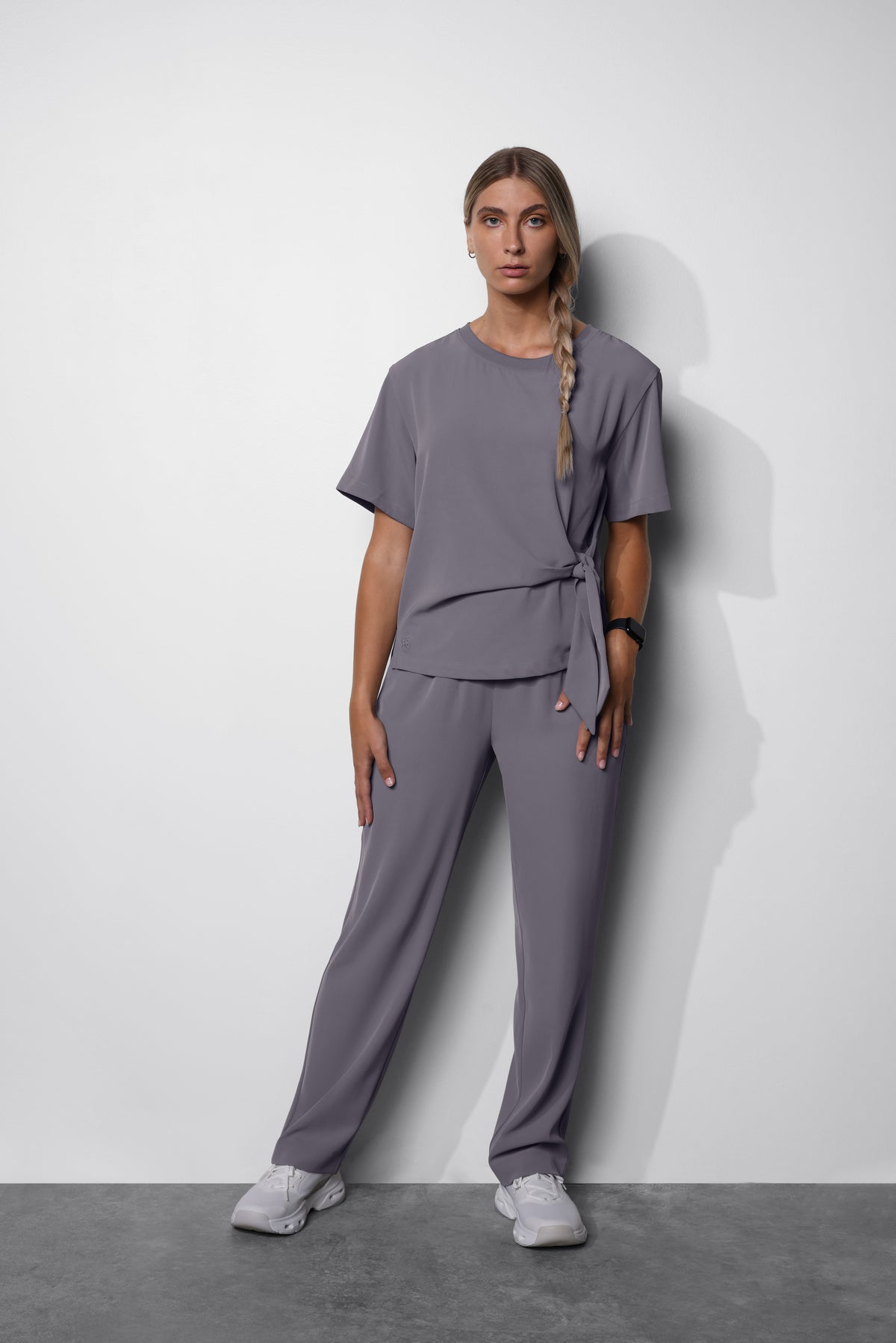 Women's No.45 Short Sleeve Crew Neck Waist Tie Scrub Top in PerformaCREPE