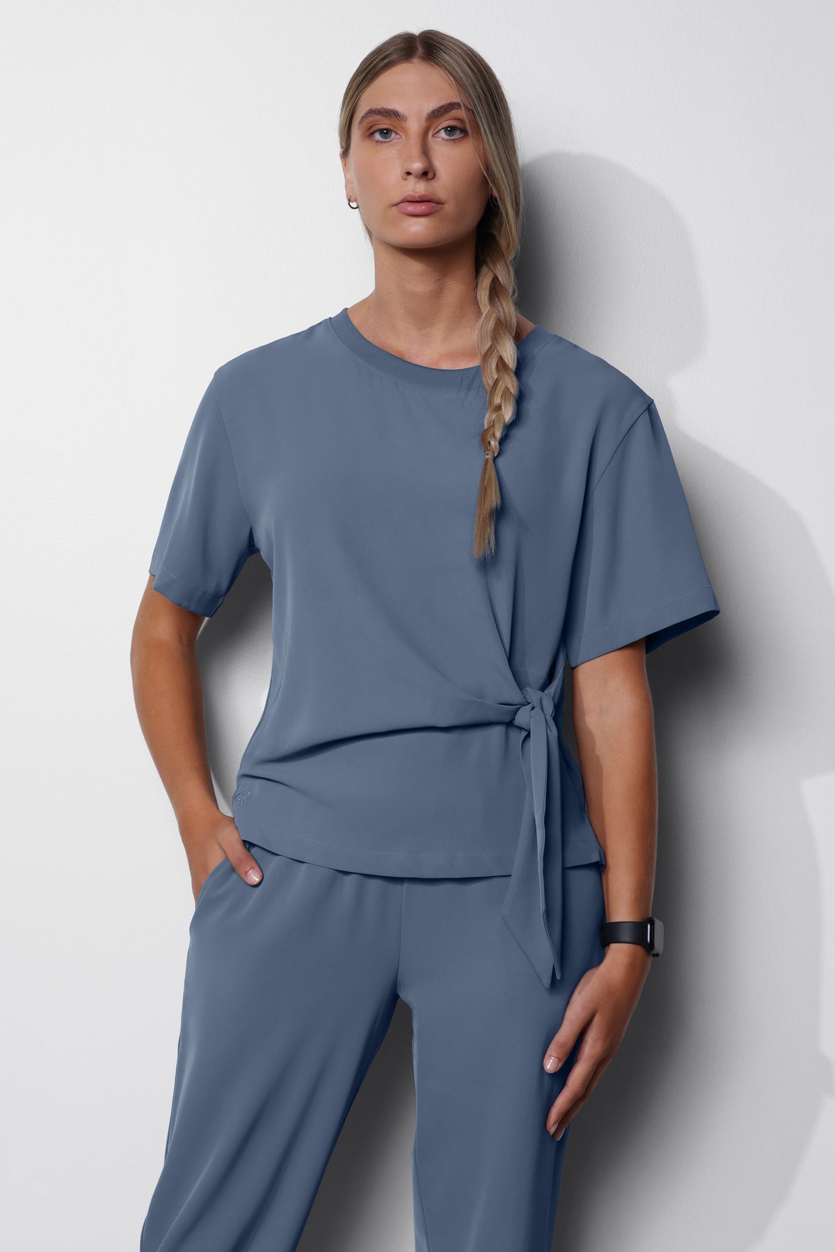 Women's No.45 Short Sleeve Crew Neck Waist Tie Scrub Top in PerformaCREPE