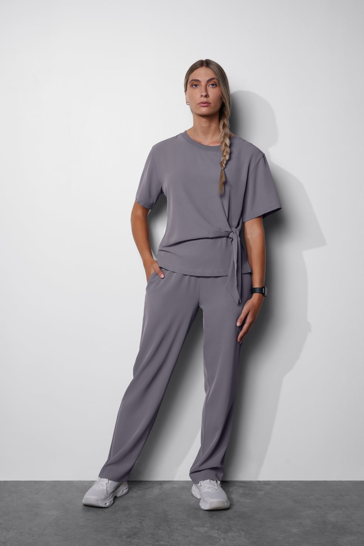 Women's No.45 Short Sleeve Crew Neck Waist Tie Scrub Top in PerformaCREPE