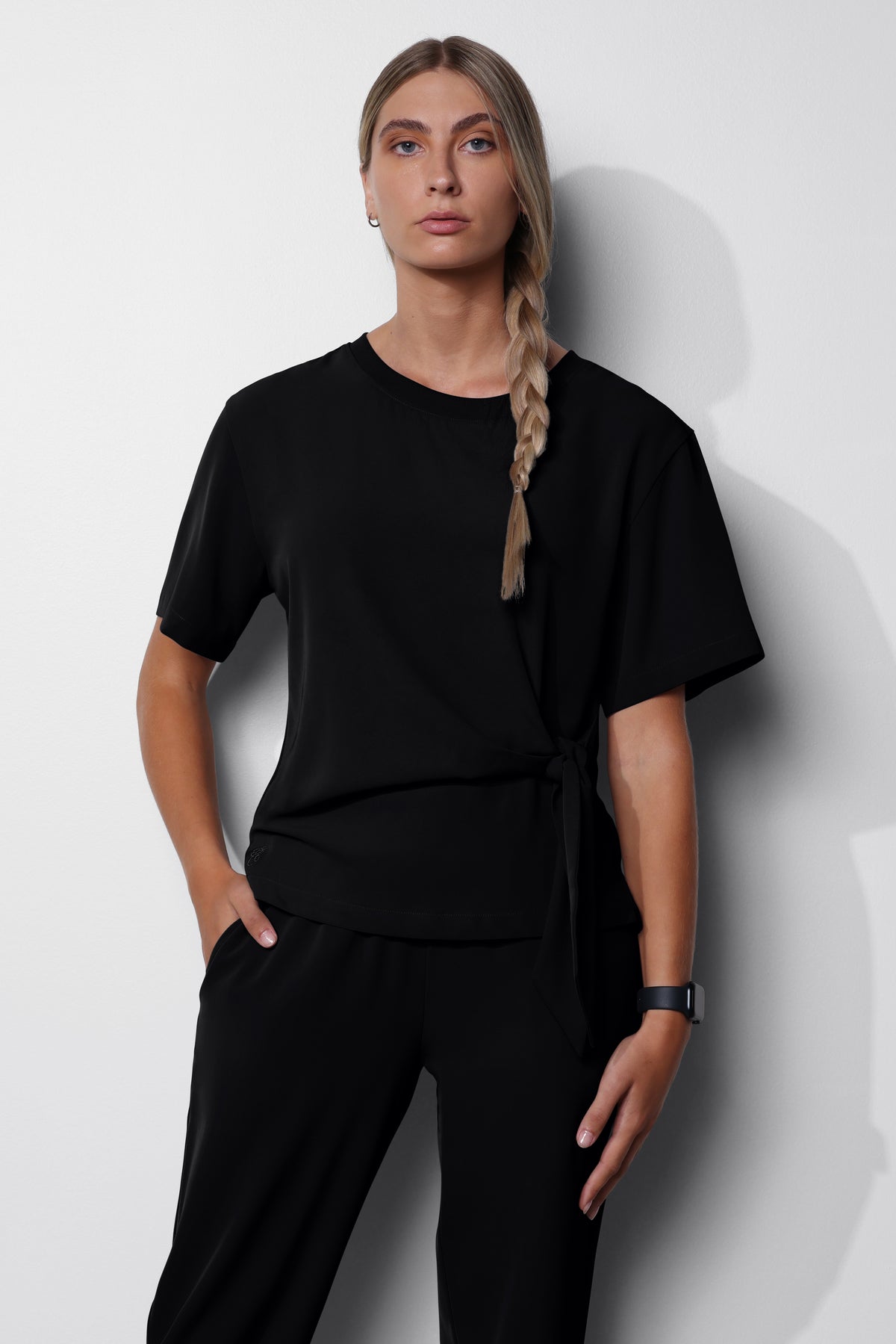 Women's No.45 Short Sleeve Crew Neck Waist Tie Scrub Top in PerformaCREPE