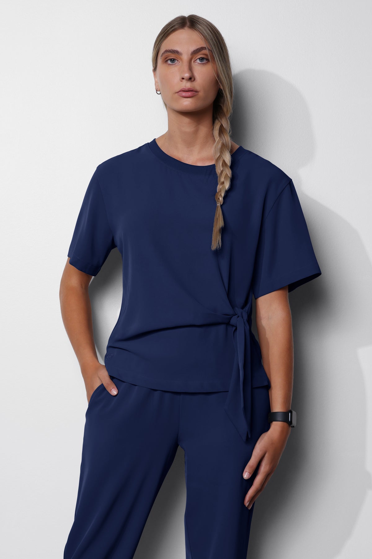 Women's No.45 Short Sleeve Crew Neck Waist Tie Scrub Top in PerformaCREPE