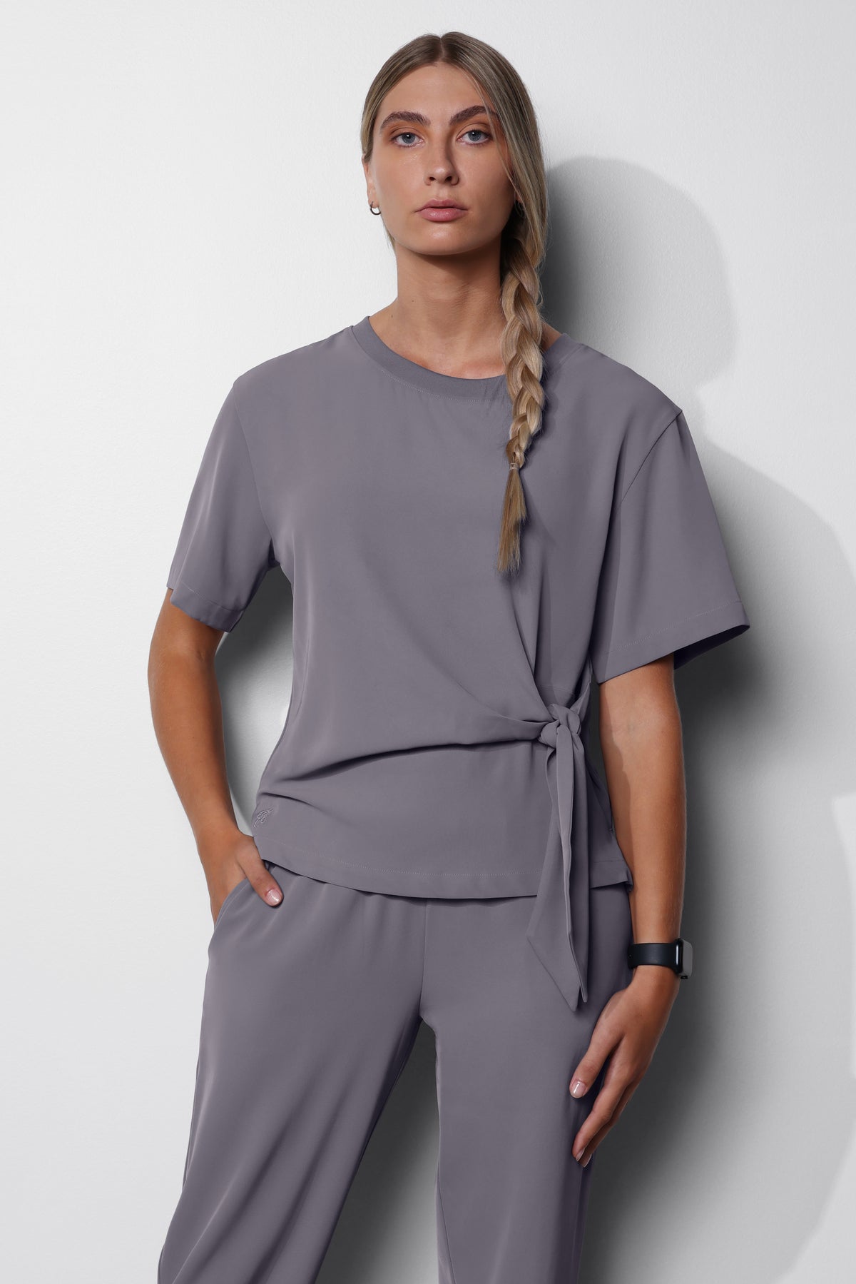 Women's No.45 Short Sleeve Crew Neck Waist Tie Scrub Top in PerformaCREPE
